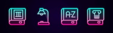 Satır kitabı, masa lambası, çevirmen kitabı ve tarih. Parlayan neon ikonu. Vektör
