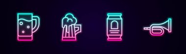 Bardak bira, tahta bardak, bira kutusu ve trompet. Parlayan neon ikonu. Vektör