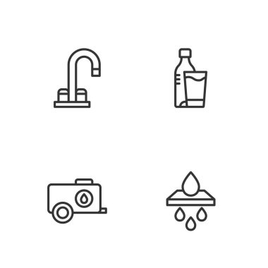 Hat su filtresi kartuşu, mobil su tankı, musluk ve cam ikonlu şişe ayarlayın. Vektör