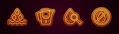 Hattı kurun, su damlası, filtreli sürahi, damla ve büyüteç ve yasak. Parlayan neon ikonu. Vektör
