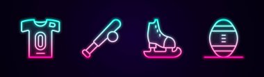Set hattı futbol forması ve tişörtü, beysbol sopası, patenler ve Amerikan. Parlayan neon ikonu. Vektör