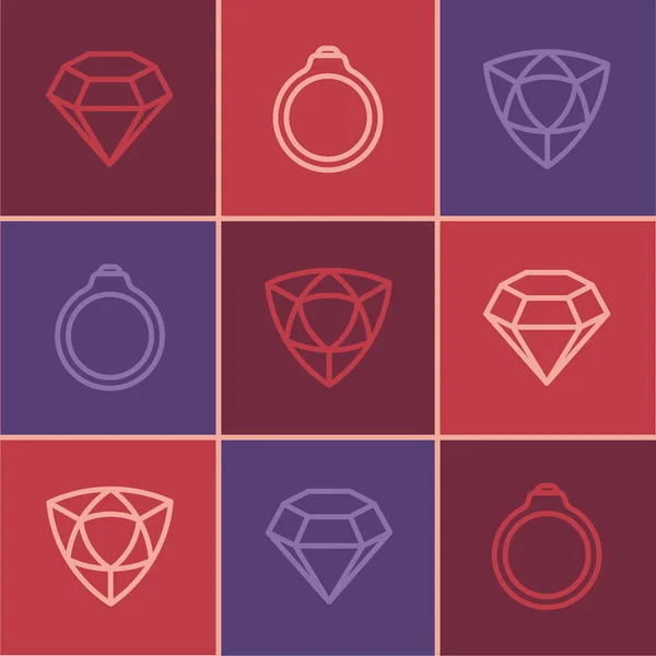 Definir Linha Diamond Ícone Anel Noivado Vetor — Vetor de Stock