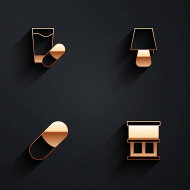 Uyku haplarını, masa lambasını ve uzun gölgeli perde ikonlu pencereyi ayarla. Vektör