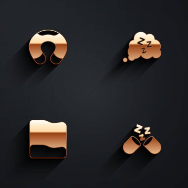 Seyahat boyun yastığı Uyuyan Yastık ve uzun gölgeli Uyuyan ikon ayarla. Vektör.