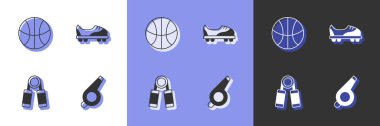 Set Whistle, basketbol topu, spor genişleticisi ve futbol ayakkabısı ikonu. Vektör