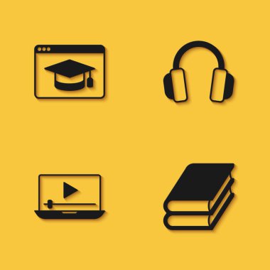 Çevrimiçi eğitim, kitap, video ve kulaklık simgesini uzun gölgeli oynayın. Vektör