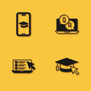 Mobil, imleç, çevrimiçi sınav, test, araştırma ve uzun gölgeli Soru ve Yanıt simgesi ile mezuniyet başlığını ayarla. Vektör