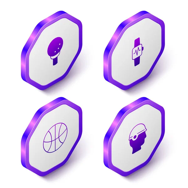 Установите Изометрический Мяч Гольфа Умные Часы Сердцем Иконку Бейсболки Фиолетовая — стоковый вектор