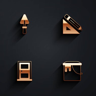 Trowel 'i, üçgen cetvel ve kalemi, kapalı kapıyı ve uzun gölgeli boya kovası ikonunu ayarla. Vektör