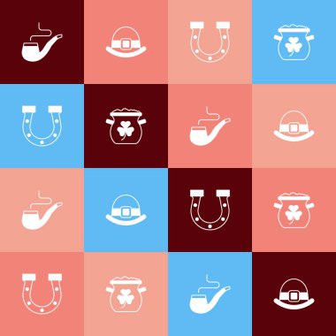 Pop sanat sigara piposu, leprikon şapka, at nalı ve altın para ikonu koy. Vektör