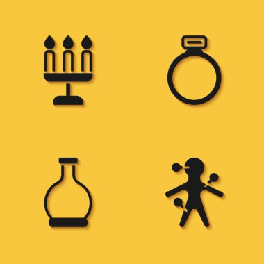 Mum, Voodoo bebeği, iksirli şişe ve uzun gölgeli sihirli taş yüzük ikonu. Vektör