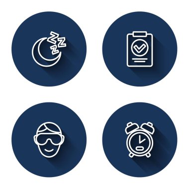 Ay ve yıldızlar, tıbbi reçete, göz maskesi ve uzun gölgeli alarm saati. Mavi daire düğmesi. Vektör