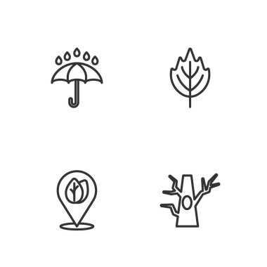 Saflık Ağacı, Yapraklı Konum, Şemsiye, Yağmur Damlaları ve Yaprak Simgesi. Vektör