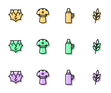 Termos kabı, Kestane, Mantar ve Yaprak simgesini ayarlayın. Vektör