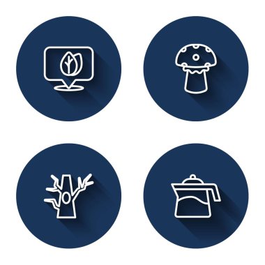 Çizgi konumu yaprak, mantar, çıplak ağaç ve uzun gölgeli çaydanlık ile ayarlayın. Mavi daire düğmesi. Vektör