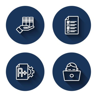 Satır Kitap bağışı, çevrimiçi sınav, test, anket, A + notlu sınav kağıdı ve uzun gölgeli öğrenci bilgisayarı. Mavi daire düğmesi. Vektör