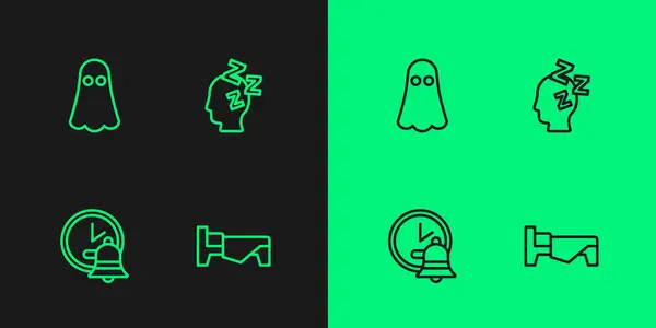 Set Line Bed Alarm Clock Ghost Dreams Icon Vector — Stock Vector