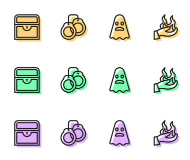 Hayalet, Antika hazine sandığı, kelepçe ve ateş ikonu. Vektör