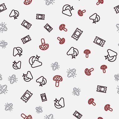 Ay ve yıldızlar çizgisi, Sirk bileti, Sihirli taş ve Psilocybin mantarı kusursuz desende. Vektör