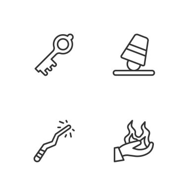 Hat El ateş tutuyor, sihirli değnek, eski sihirli anahtar ve oyun yüksüğü ikonu. Vektör