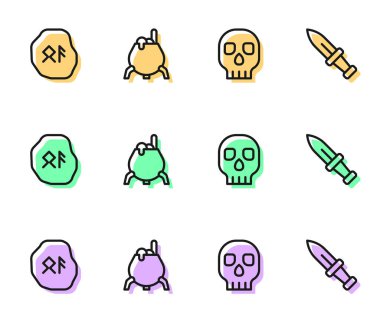 Skull, Magic runes, Witch cauldron ve Dagger ikonu. Vektör
