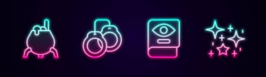 Cadı kazanı, kelepçe, Antik büyü kitabı ve büyülü sim parçacıkları. Parlayan neon ikonu. Vektör