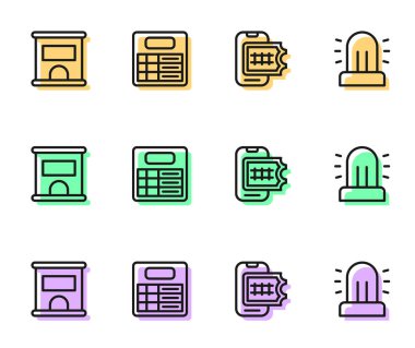 Online bilet rezervasyonu, bilet almak için bilet ofisi, tren istasyonu panosu ve Flasher Siren ikonu. Vektör