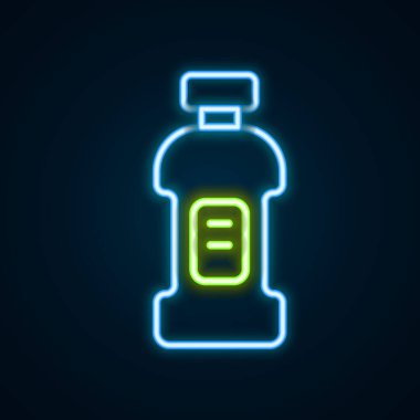Parlak neon hattı. Çamaşır deterjanı, çamaşır suyu, bulaşık deterjanı ya da siyah arka planda izole edilmiş başka bir temizlik maddesi ikonu için plastik şişe. Renkli taslak konsepti. Vektör