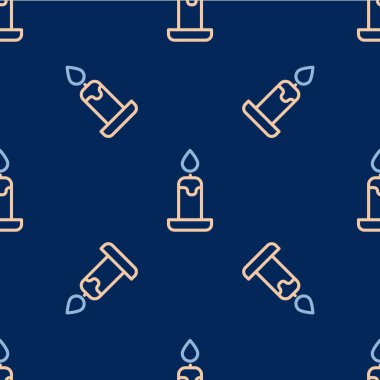 Mum yakma ikonu mavi arkaplanda izole edilmiş pürüzsüz desen. Silindirik mum çubuğu ve yanan ateş. Vektör