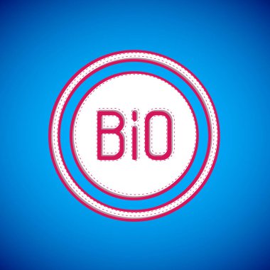 Beyaz Sancak, etiket, etiket, biyoyeşil sağlıklı yiyecek simgesi için logo mavi arka planda izole edilmiş. Organik ürün. Sağlıklı yemek etiketi. Vektör