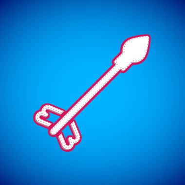 Mavi arka planda beyaz ortaçağ ok simgesi izole edildi. Ortaçağ silahı. Vektör