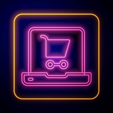 Ekran dizüstü bilgisayarında parlayan neon alışveriş arabası siyah arkaplanda izole edilmiş. Konsept e-ticaret, e-ticaret, online iş pazarlama. Vektör