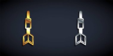 Siyah arkaplanda altın ve gümüş ok simgesi var. Uzun gölge tarzı. Vektör
