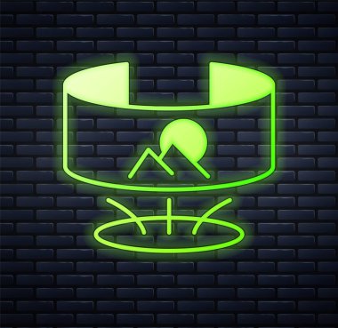 Parlayan neon 360 derecelik görüntü simgesi tuğla duvar arka planında izole edildi. Sanal gerçeklik. 360 derecelik açıyla. Panorama fotoğrafı. Vektör