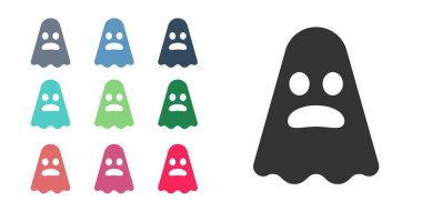 Siyah Hayalet simgesi beyaz arkaplanda izole edildi. Mutlu Cadılar Bayramı Partisi. Simgeleri renklendirin. Vektör