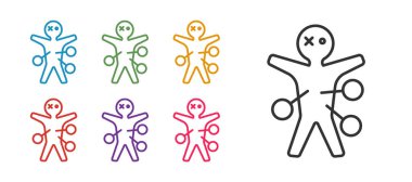 Beyaz arkaplanda Voodoo bebek simgesini ayır. Mutlu Cadılar Bayramı Partisi. Simgeleri renklendirin. Vektör