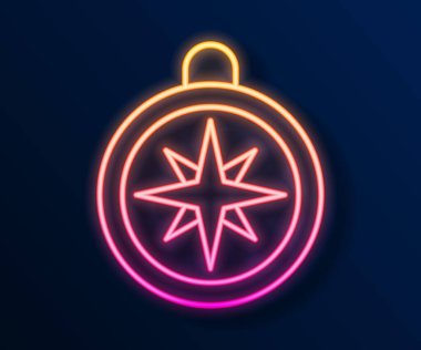 Parlayan neon hattı pusula simgesi siyah arkaplanda izole edildi. Rüzgâr yön bulma sembolü. Rüzgar gül işareti. Vektör