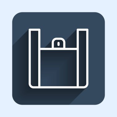 İnternetten sipariş edilen beyaz hat ve fast food dağıtım ikonu uzun gölgeli. Mavi kare düğme. Vektör