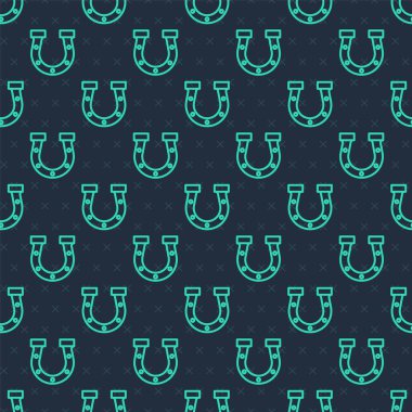 Yeşil çizgi at nalı ikonu mavi arka planda izole edilmiş kusursuz desen. Vektör