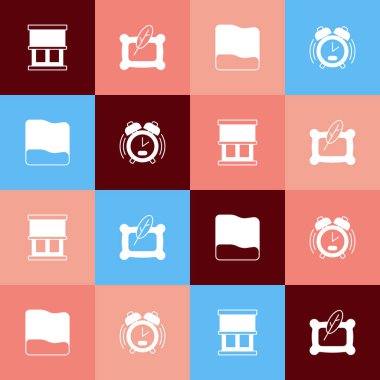 Pop sanat penceresini perdelerle, yastıkla ve alarmlı saat simgesiyle ayarla. Vektör