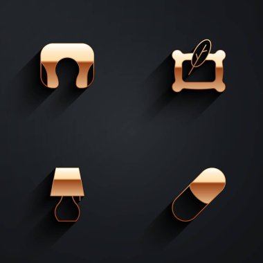 Seyahat yastığı, yastık, masa lambası ve uzun gölgeli uyku ikonu hazırlayın. Vektör