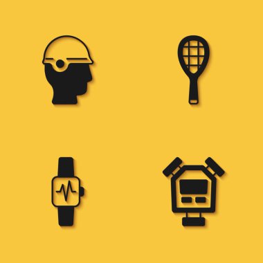 Beyzbol kaskı, Kronometre, Yürekli Akıllı ve uzun gölgeli Tenis raket ikonu. Vektör