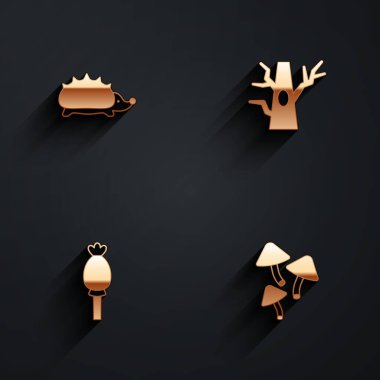 Kirpi, Çıplak Ağaç, Afyon gelinciği ve uzun gölgeli mantar ikonu. Vektör