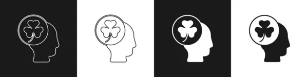 Definir cabeça humana com trevo trevo folha ícone isolado no fundo preto e branco. Feliz dia de São Patricks. Férias nacionais irlandesas. Vetor —  Vetores de Stock