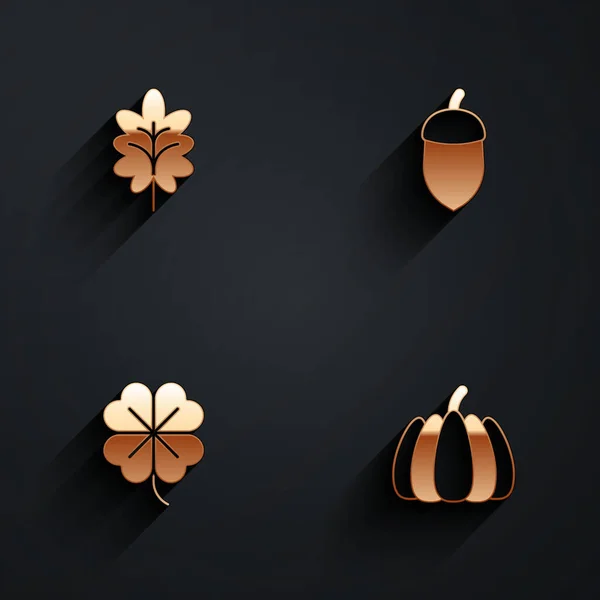 Set Leaf, Acorn, Four Leaf jetel a ikona dýně s dlouhým stínem. Vektor — Stockový vektor