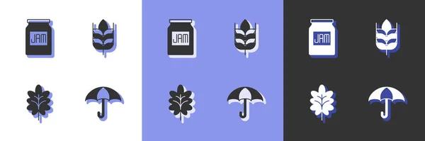 Set Umbrella, Jam jar, Leaf and Wheat icon. Vector — Stock Vector