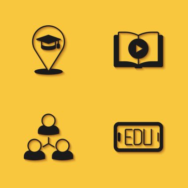 Çevrimiçi eğitim, sınıf ve sesli kitap simgesini uzun gölgeli ayarla. Vektör