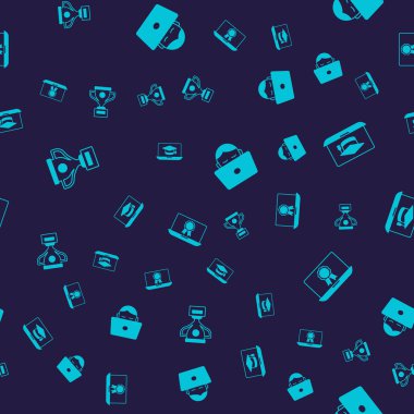 Ödül kupası, mezuniyet şapkası dizüstü bilgisayarda, öğrenci çalışması ve diploması ile çevrimiçi eğitim. Vektör