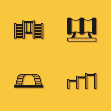 İsveç Duvarı, Spor Yatay Çubuğu, Maymun ve Çocuk oyun alanı kaydırak borusu ikonu uzun gölgeli. Vektör