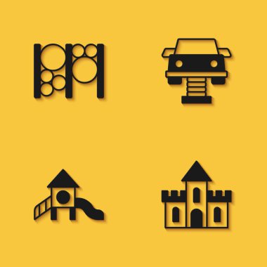 Oyun parkı tırmanma ekipmanları, kum kalesi, kayak parkı ve uzun gölgeli sallanan araba ikonu. Vektör